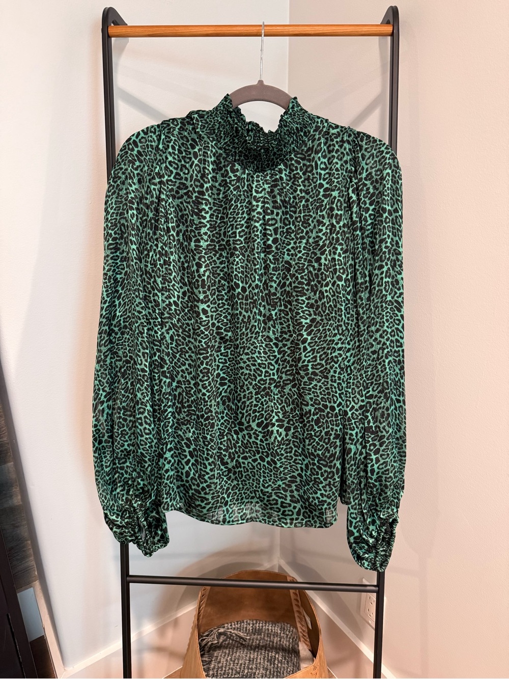 Sugarlips Green and Black Leopard Smocked-Neck Blouse